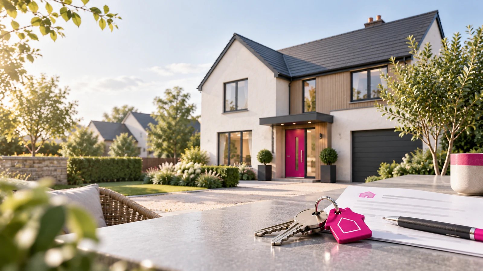 Illustration of a modern home with a pink door and mortgage paperwork