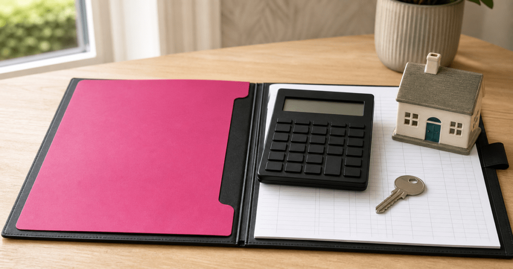 One year of accounts, a calculator, house model and key for a mortgage application