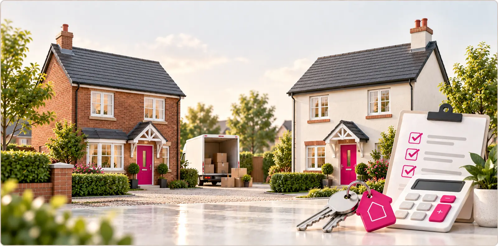 Two UK family houses with pink front doors, a loaded removal van parked between them, and a set of house keys, a calculator and a checklist in the foreground.