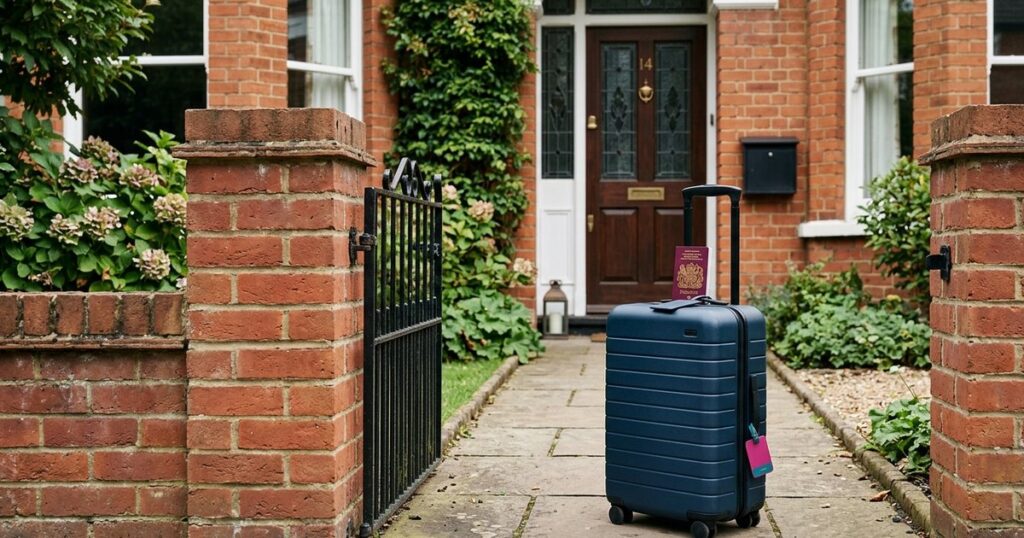 A UK buy-to-let home with an international travel cue for expat landlords