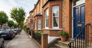 A UK residential street with a front door in the foreground