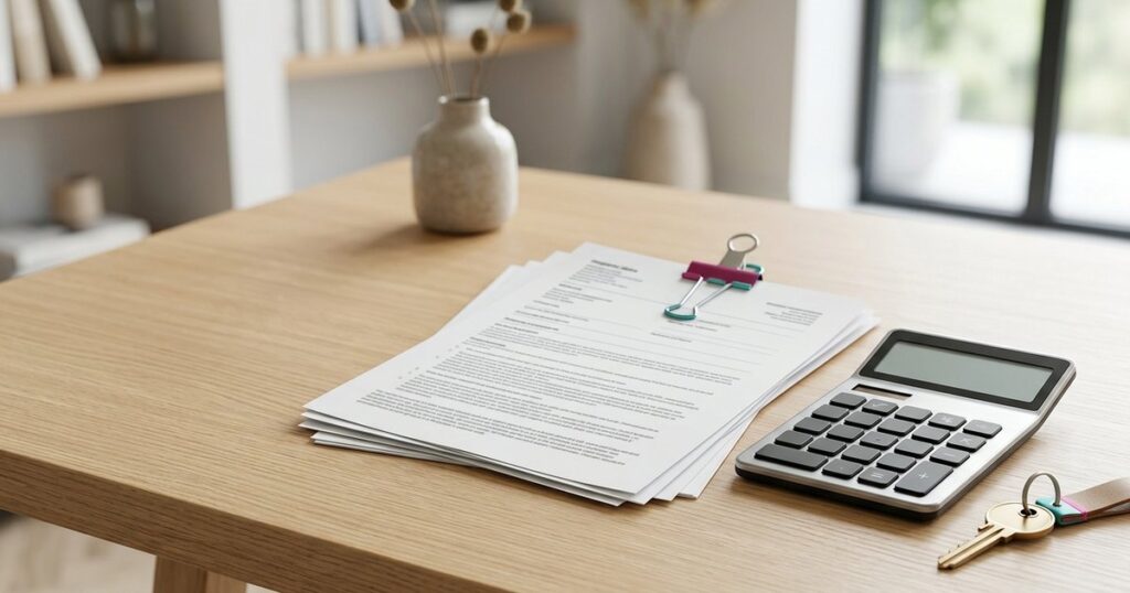 A house key on a calculator beside property purchase paperwork